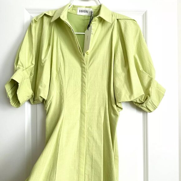 Casual NWT SOVERE Hush Short Puff Sleeve Mini Shirt Dress in Green, Kiwi! - Picture 1 of 5
